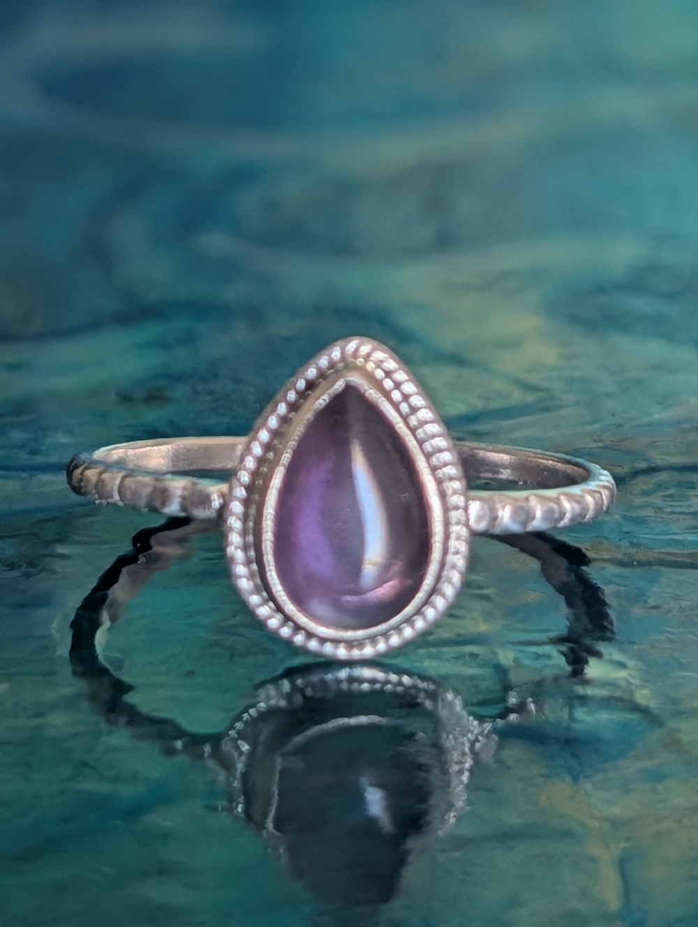 🆕 Natural Amethyst Teardrop Ring Solid Sterling Silver Size 8.5